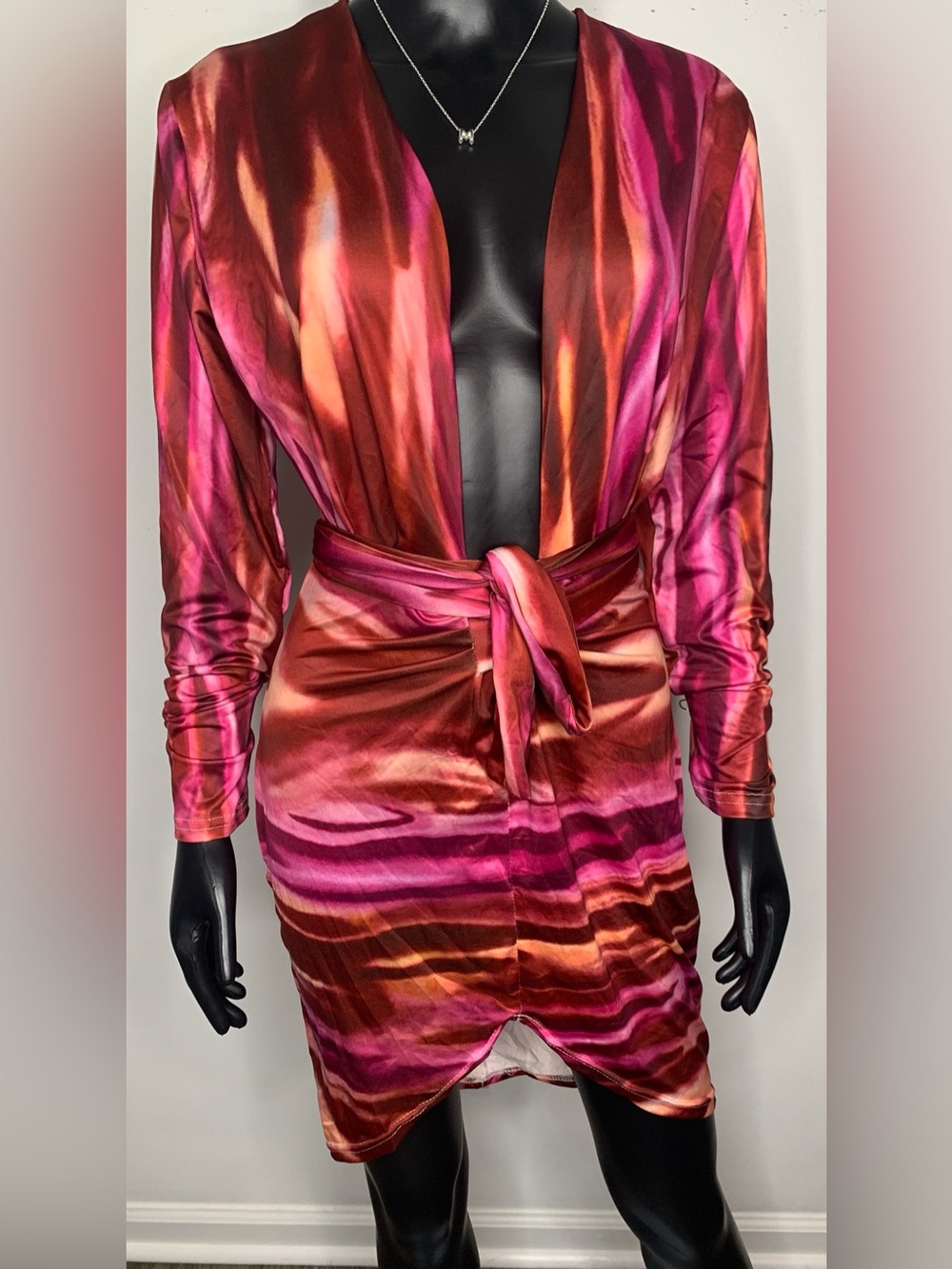 Women's Long Sleeve Knot-Waist Dress in Pink and Copper